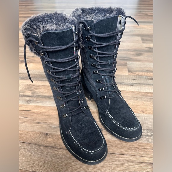 Lands' End Shoes - Lands' End Women’s Black Suede and Faux Fur Lace-Up Boots Size 8.5